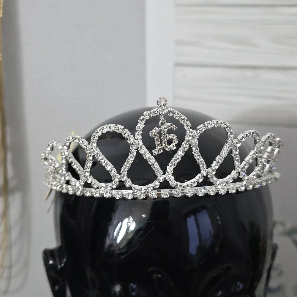 Silver Clear Rhinestone Sweet 16 Tiara with Side Combs